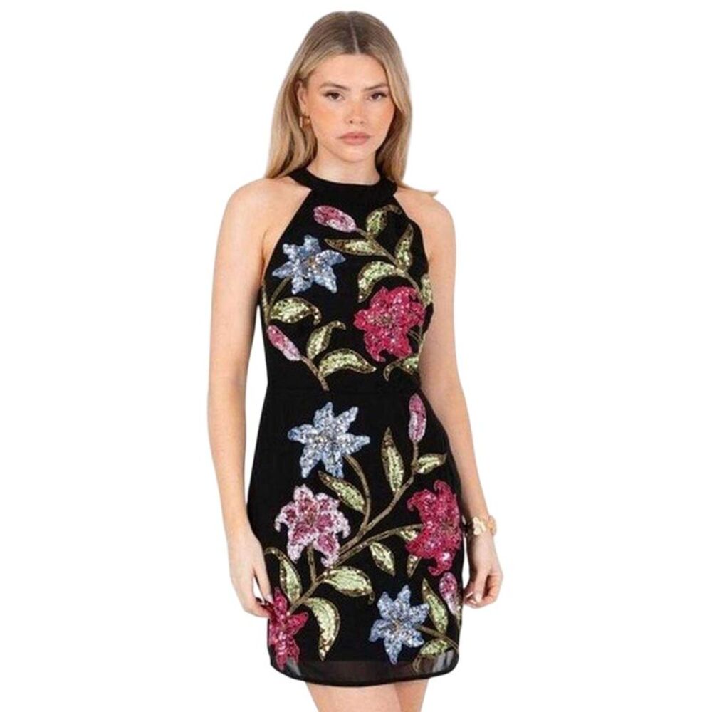 Maya Deluxe Womens/Ladies Floral Halter Neck Mini Dress / Black